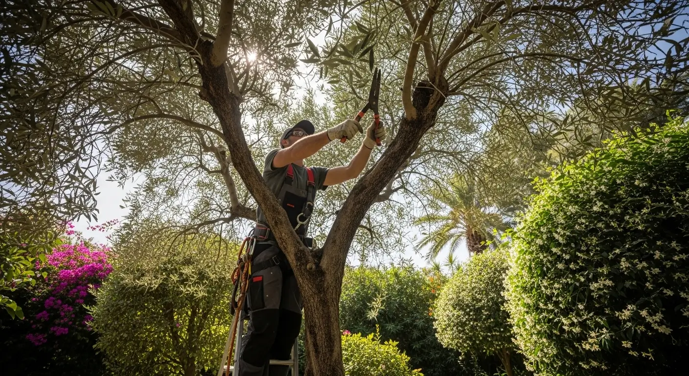 Élagage et taille d'arbres professionnelle dans un jardin à Tanger Maroc
