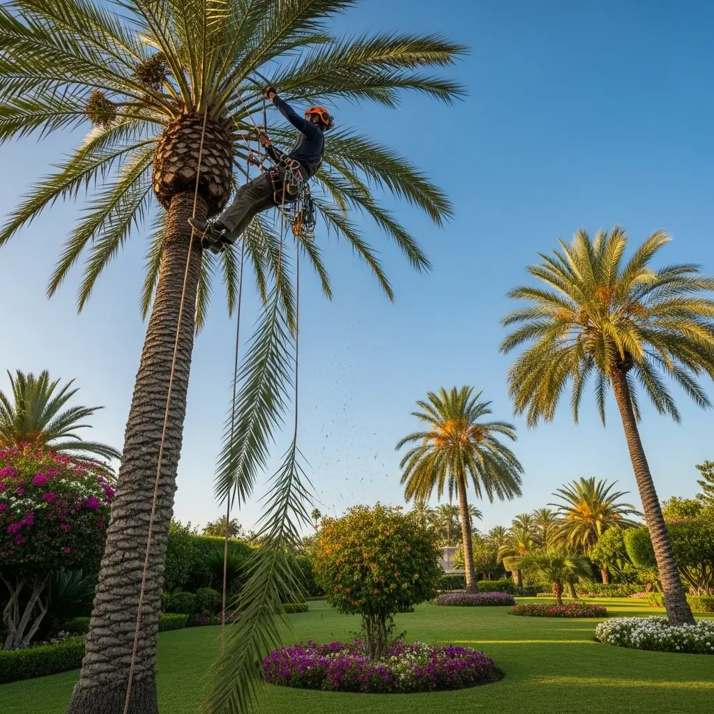 Élagage professionnel de palmiers dans une villa à Malabata Tanger par Azhar Jardins