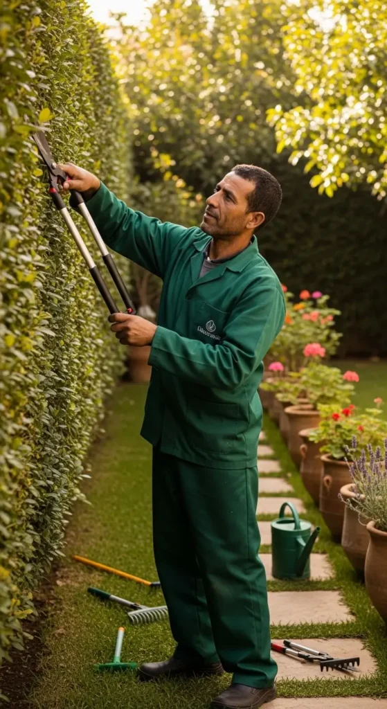 Jardinier professionnel en train de tailler une haie dans un jardin à Tanger