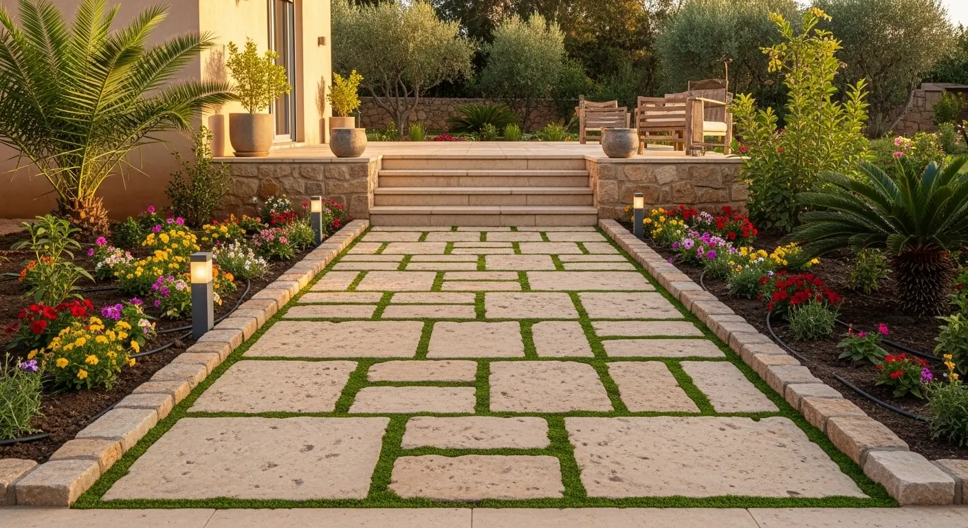 Maçonnerie paysagère à Tanger — allée en pierre naturelle et terrasse de jardin