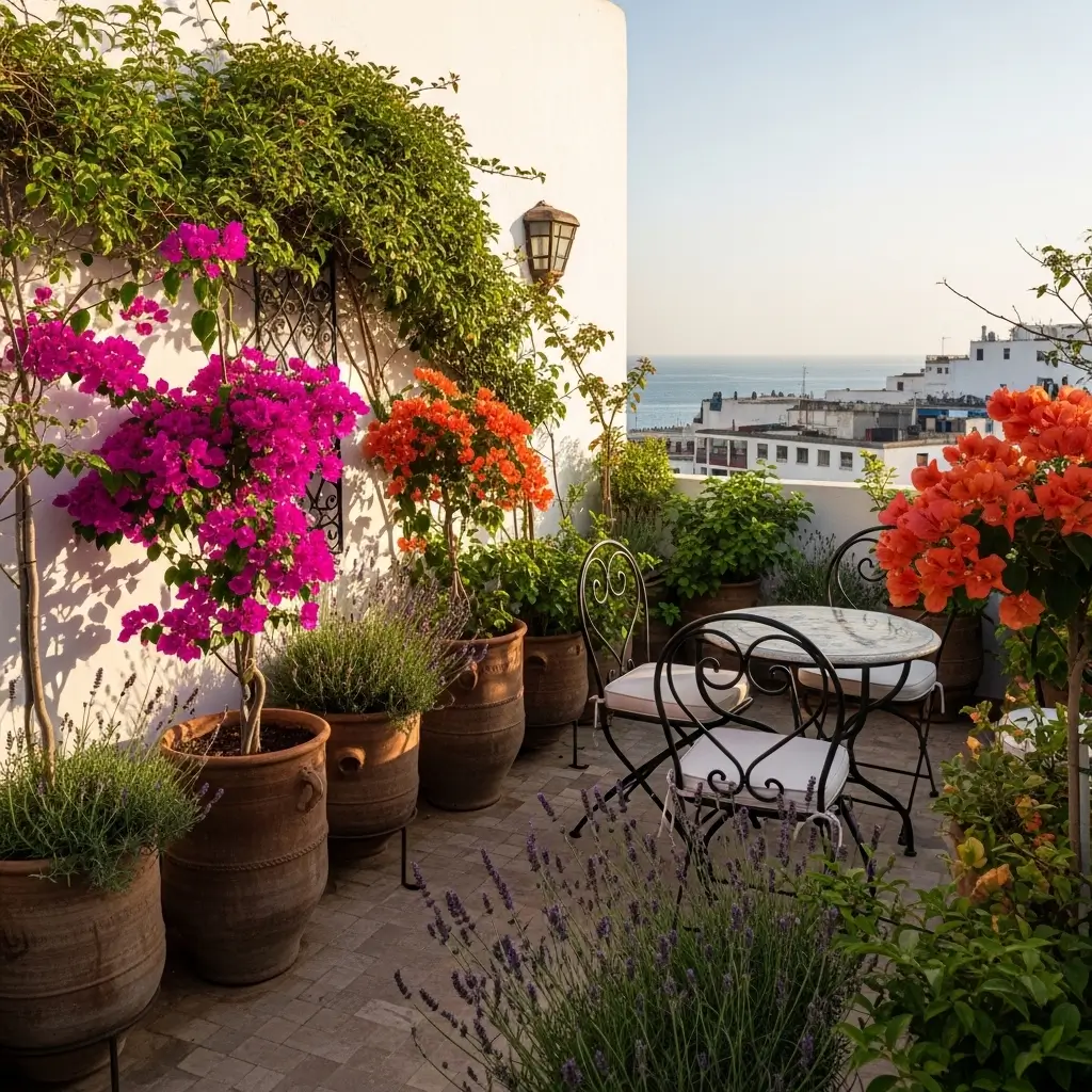 Terrasse végétalisée à Branes Tanger avec bougainvilliers et plantes méditerranéennes